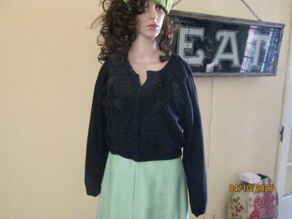 1950s Black Dressy Cardigan Beaded Sequin Appliqu… - image 5