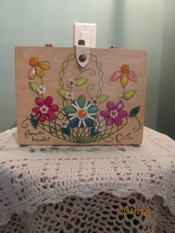 Vintage Enid Collins Wood Floral Box Bag