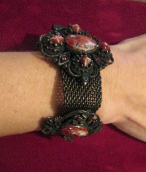 1960s Orange Stone Bracelet Black Mesh Chain - image 10