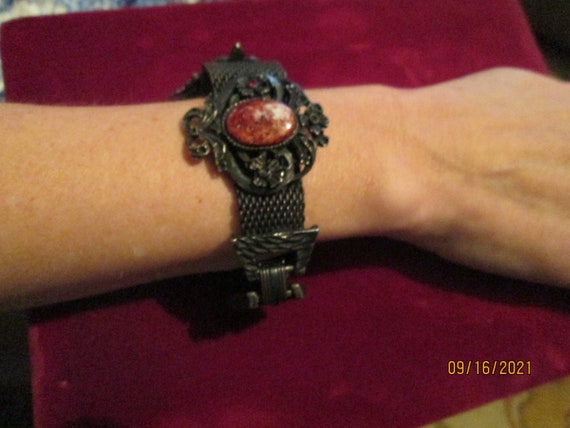 1960s Orange Stone Bracelet Black Mesh Chain - image 7