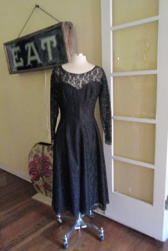 1950s Black Lace Cocktail Dress Gorgeous M / L - image 1