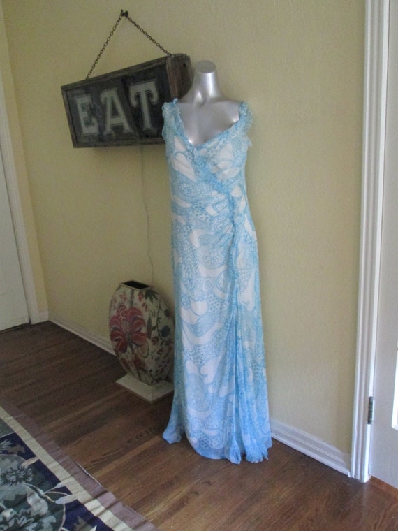1960s Large Chiffon Gown Sexy Sleeveless Turquoise