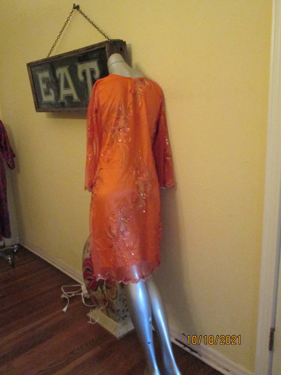 Vintage Orange Sequin Satin Tunic Dress Sheer Sle… - image 7