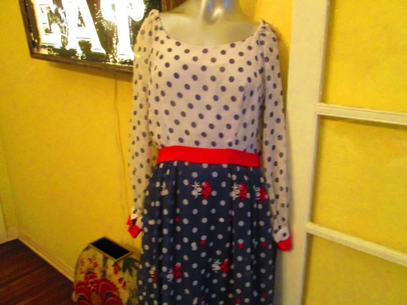 60s Elinor Gay Polka Dot Maxi Dress Red White Blue - image 2