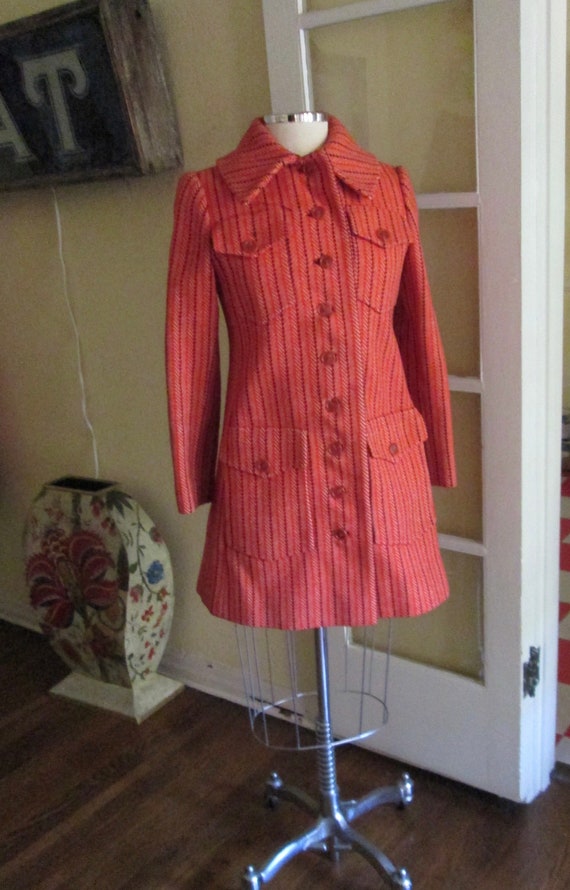 Vintage 70s Luba Orange Black Stripe Jacket Wool W