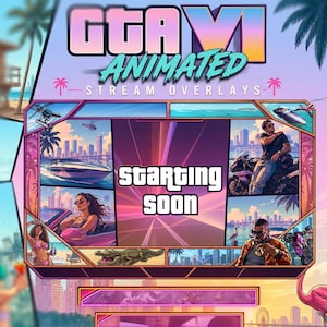 Puede incluir: Un paquete de superposiciones de transmisión digital titulado GTA VI ANIMATED STREAM OVERLAYS que presenta un marco central con el texto STARTING SOON. El diseño incluye múltiples paneles que muestran escenas de ciudades tropicales, barcos, palmeras y personajes en una vibrante paleta de colores rosa, morado y azul.