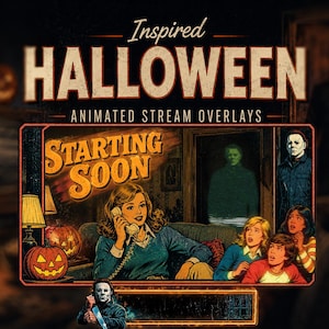 May include: A digital graphic featuring the text Inspired HALLOWEEN ANIMATED STREAM OVERLAYS and STARTING SOON. The illustration depicts a person on a telephone, a group of people looking startled, jack-o'-lanterns, and a masked figure in a doorway.