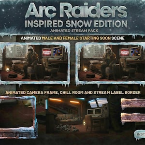 Könnte beinhalten: Werbebild für das animierte Stream-Paket "Arc Raiders: Inspired Snow Edition". Enthält animierte Szenen, Kamerarahmen und Etikettenränder. Das Design hat ein Winterthema mit eisigen Rändern und eine futuristische, postapokalyptische Ästhetik.