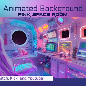 May include: An animated background image of a pink space room. The room has a large circular window looking out into space, a desk with computers, and a bed. The text "Animated Background Pink Space Room" is at the top, and "Twitch, Kick, and Youtube" is at the bottom.