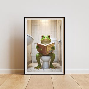 Quirky Frog on Toilet Print: Playful Bathroom Wall Art (Digital Download)