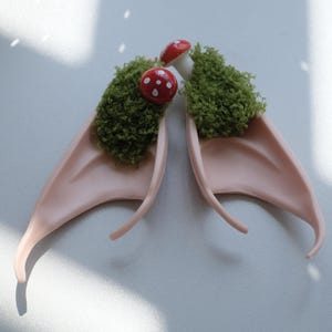 May include: A pair of pink elf ear prosthetics with green moss and red mushroom accents. The elf ears are made of a soft, flexible material and are designed to fit over the natural ear. The mushrooms have white stems and red caps with white spots.