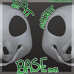 Pode incluir: Um kit de base de máscara de morcego cinza-claro com duas estruturas de cabeça com grandes órbitas oculares e um nariz definido. O texto BAT FURSUIT BASE PACK e STICKNTRICKCREATIONS é exibido em verde com contornos brancos.