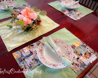 Ready to ship set of 4 Pinocchio Placemats, adorable cartoon style.