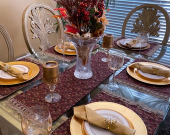 Set of 6 floral Fall Placemats, with lace trim and gold  silk reversible side. Beautiful coordinating small runner included