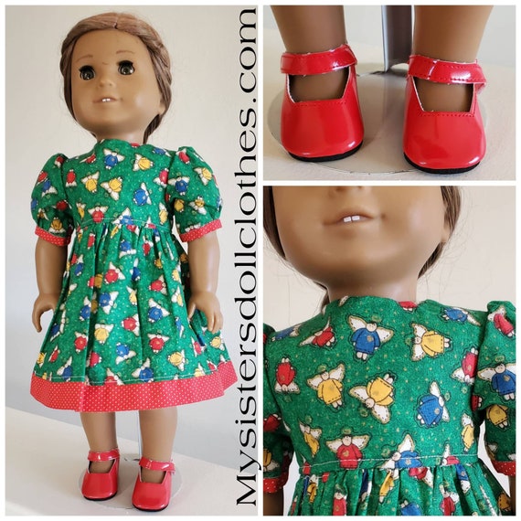 2 Piece Outfit. Christmas Angels Dress with Puffed Sleeves. Red Shoes are included. Handmade American