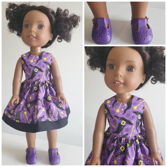 Purple Halloween Witches Hat  Dress and Purple Shoes for 14 Inch Doll