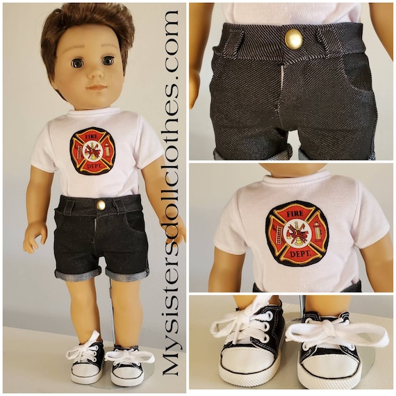 3 Piece Fire Dept Tshirt, Shorts and shoes for Logan. This outfit comes with black tennis shoes. 18 Inch Doll American Handmade