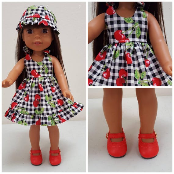 Cherry Dress and Hat for Welli 14 Inch Doll and Shoes Sold Separately.