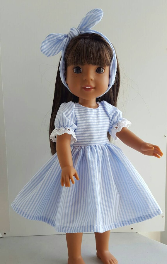 Blue Puffed Sleeve Seersucker Dress for 14.5 Inch Wellie Wisher Doll with Matching Headband