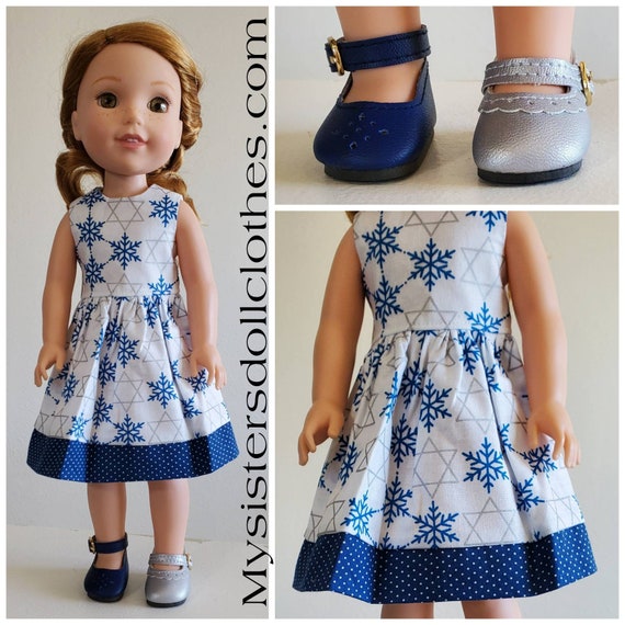Happy Hanukkah Dress and Blue or Silver Shoes for 14 Inch Doll