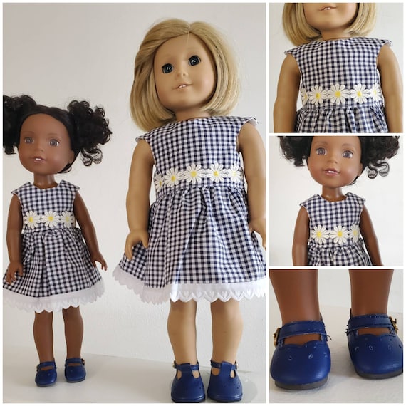 Navy Blue Check Dress with Daisy Trim for your Wellie Wisher and 18 inch Dolls.