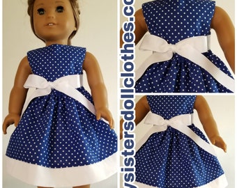 Navy Blue Polka Dot Dress  American Made 18 Inch Doll Clothes