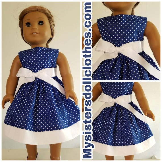 Navy Blue Polka Dot Dress  American Made 18 Inch Doll Clothes