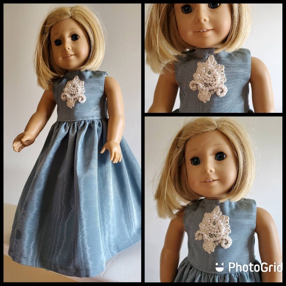 Beautiful Brocade Long Dress With Pearls and Lace.  Your choice of colors. Red, green, burgundy and blue.18 Inch Girl Doll Handmade American