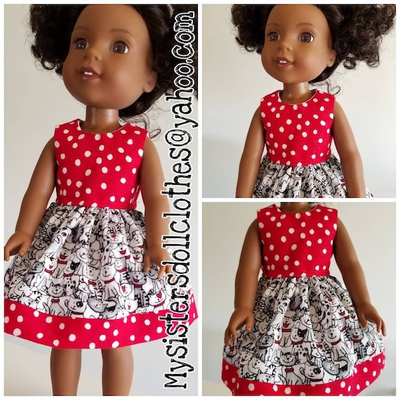 Cats and more Cats With Red and White Polka Dot  Dress. I have  sewn red and white polka dot at the hem! for 14 Inch Wishers Dolls