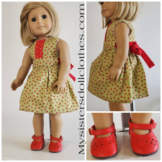 2 Piece Green with Red Hearts Dress and Red Shoes for Your American Girl Doll