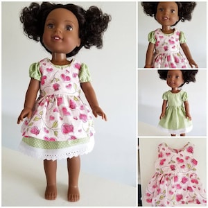 Green Polka Dot Dress with Flowered Pinafore Dress for 14.5 Inch Doll Wellie