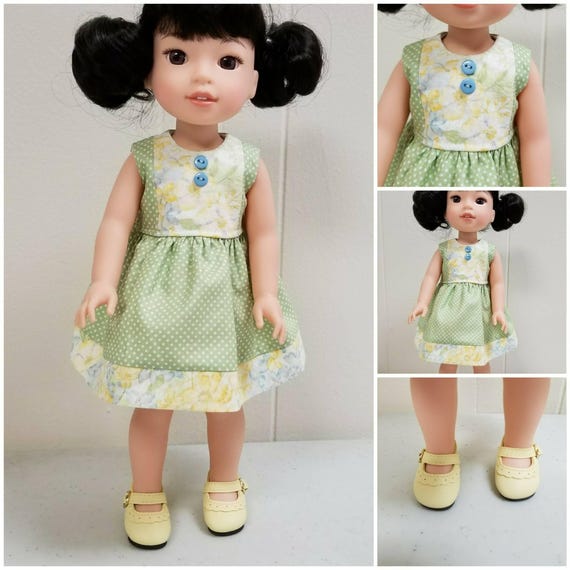 Wellie Wisher Polka Dots and Flowers Yellow and Green Dress