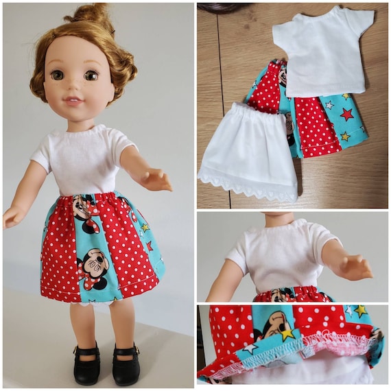 3 Piece Outfit.  Minnie Mouse and Red Polka Dot Skirt and white tshirt with a white and lace pedicoat  for 14.5 Inch Doll Wisher