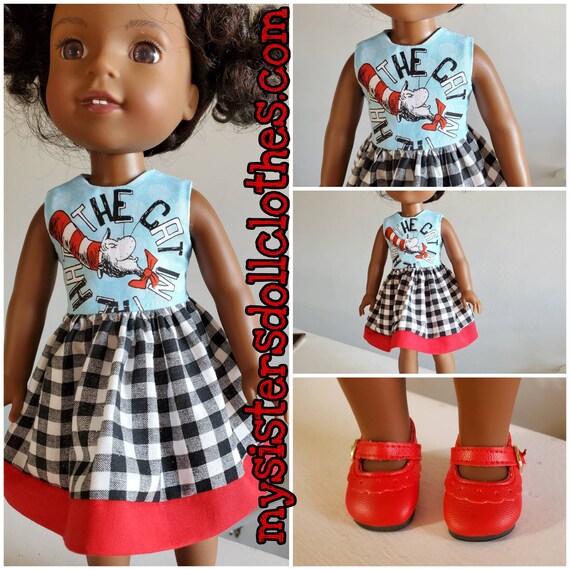 Cats in the Hat Dress With Black and White Check skirt. I have  sewn red fabric at the hem! for 14 Inch Wish Dolls