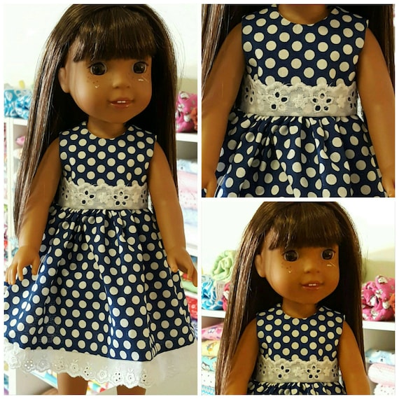 Navy Blue Polka Dots with Eyelet Lace Wellie Dress to fit Wellie Wisher Doll and Disney Toddler Doll