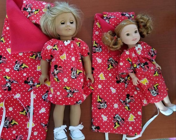 3 Piece Sleeping Bag Set. 12 Fabrics to choose from. Nightgown, Pillow  and Sleeping Bag. American Made for 18 or 14 Inch Doll.