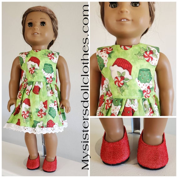 2 Piece Outfit. Christmas Cupcakes Dress with Red Shoes are included. Handmade American