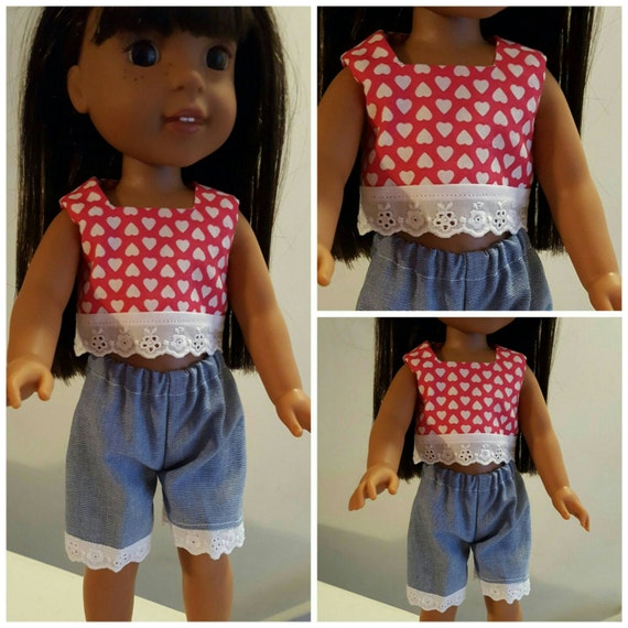 14 Inch Doll Shorts Set.  Heart Top And Blue Shorts