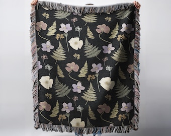 Botanical Woven Fringe Blanket With Ferns Muted Earth Tones Moody Floral Gothic Tapestry Dark Cottagecore Throw Whimsigoth Cotton Bedspread