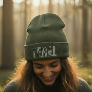 FERAL Embroidered Beanie Cuffed Winter Hat Unisex Knit Cap Clever Whimsigoth Beanie Gift For Alternative Punk Grunge Indie Tobaggan