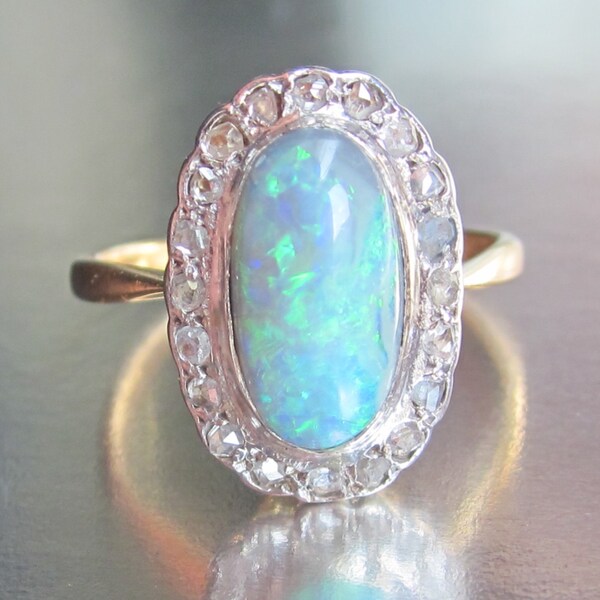 Antique 1 Carat Black Opal and Diamond Halo Ring 18K