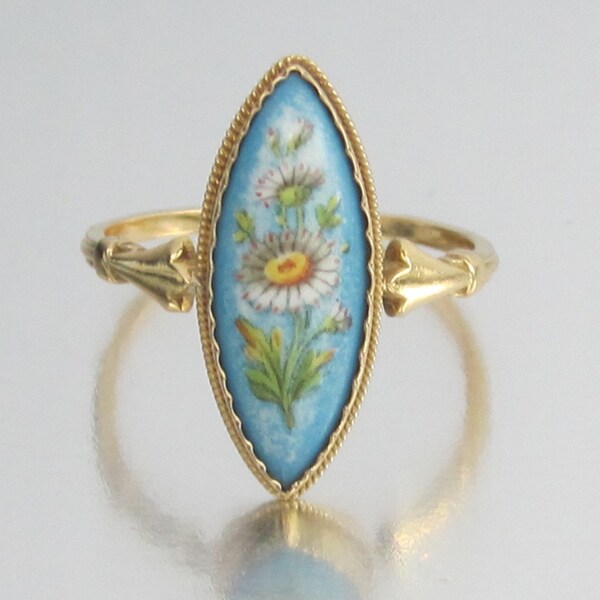 Antique French ART NOUVEAU Hand Painted Flowers on Porcelain Engagement Ring 18K. Loyal Love.