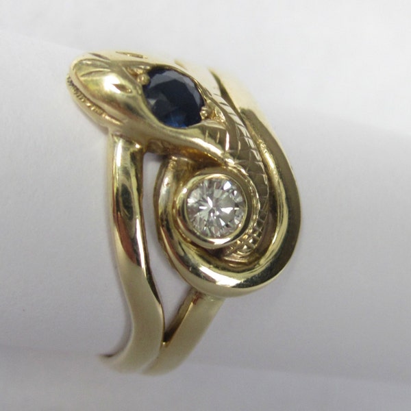 RESERVED For Sandy- Vintage Sapphire SNAKE Hugging a Diamond 14K Engagement Ring