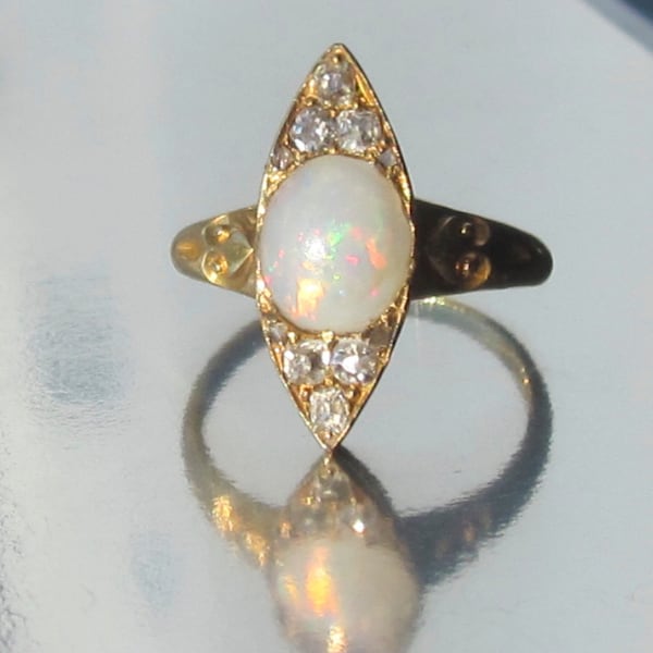 Antique VIctorian Opal and Diamond Ring.Antique Engagement. 15K Gold.