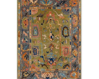 Alfombra Oushak moderna anudada a mano verde de 8x10, tamaño personalizado, para dormitorio, sala de estar, oficina, alfombras orientales, tamaños de 5x8, 6x9, 8x10, 10x14, 12x15.