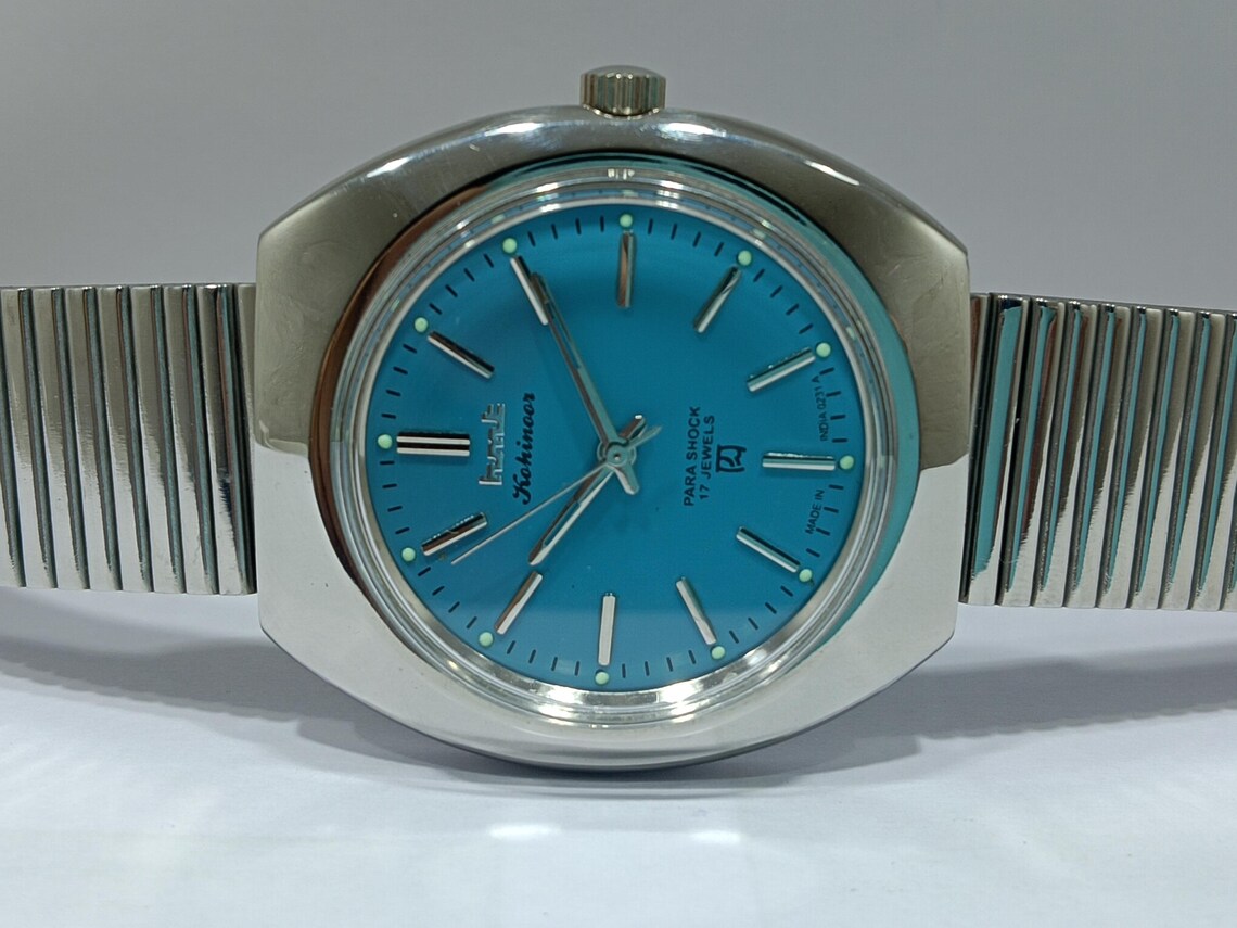 Vintage Hmt Kohinoor Mechanical Winding Para Shock 17 Jewels Sky Blue Dial Watch, foto 2 de 5