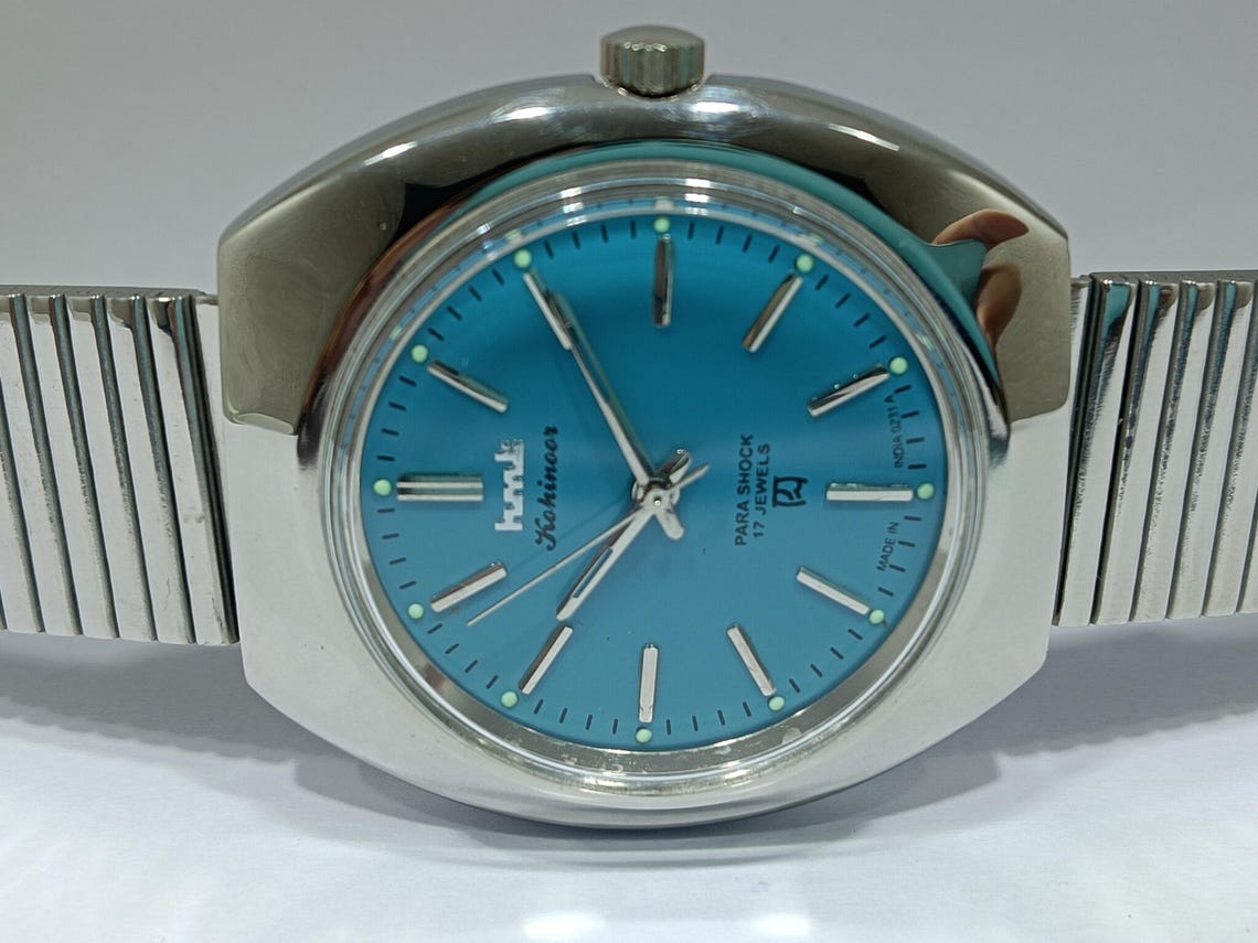 Vintage Hmt Kohinoor Mechanical Winding Para Shock 17 Jewels Sky Blue Dial Watch, foto 4 de 5
