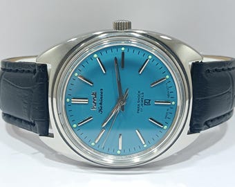 Vintage Hmt Kohinoor Mechanical Winding India Made Sky Blue Dial Men's Wrist Watch
