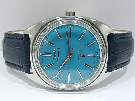 Vintage Hmt Kohinoor Mechanical Winding India Made Sky Blue Dial Men's Wrist Watch