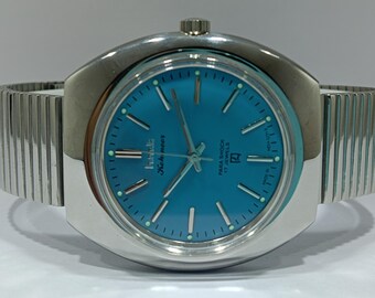 Vintage Hmt Kohinoor Mechanical Winding Para Shock 17 Jewels Sky Blue Dial Watch